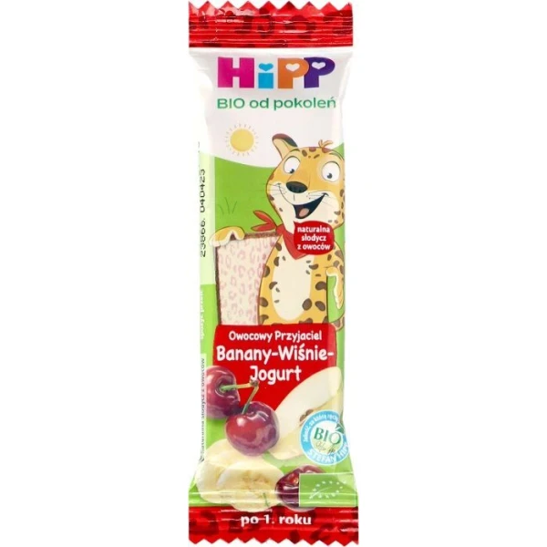 Hipp, Owocowy Przyjaciel, miękki batonik owocowy, banany, wiśnie i jogurt, Bio, po 12 miesiącu, 23g