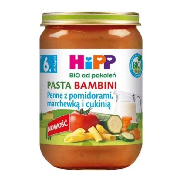 [DATA - 2026-11-30] Hipp, Pasta Bambini, penne z pomidorami, marchewką i cukinią, po 6 miesiącu, 190g