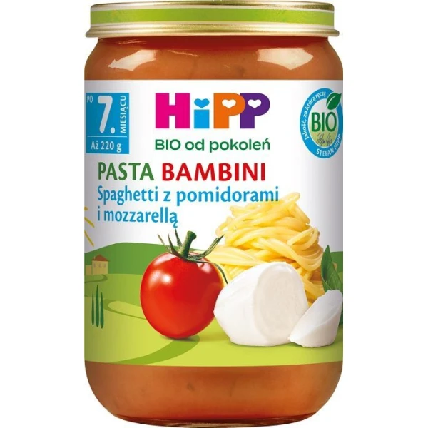 Hipp, Pasta Bambini, spaghetti z pomidorami i mozzarellą, Bio, po 7 miesiącu, 220g