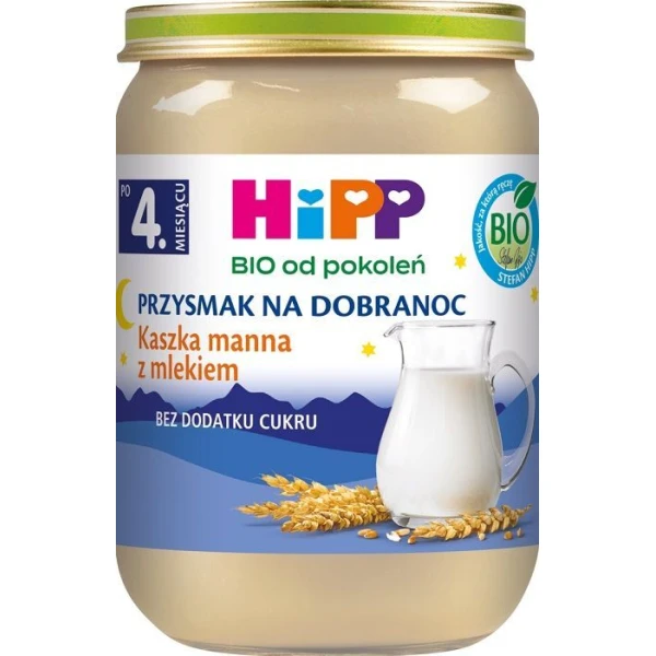 Hipp, Przysmak na dobranoc, kaszka manna z mlekiem, Bio, po 4 miesiącu, 190g