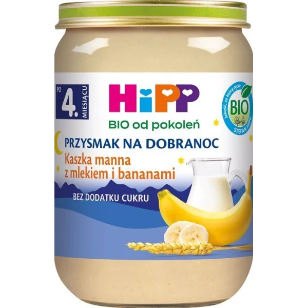 Hipp, Przysmak na dobranoc, kaszka manna z mlekiem i bananami, Bio, po 4 miesiącu, 190g
