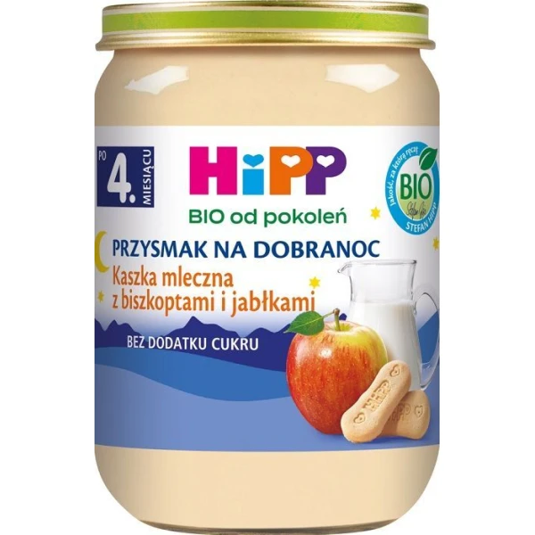 Hipp, Przysmak na dobranoc, kaszka mleczna z biszkoptami i jabłkami, Bio, po 4 miesiącu, 190g