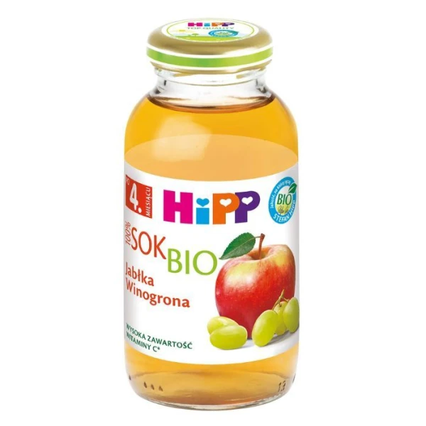 Hipp Sok 100% Bio, jabłka, winogrona, bez dodatku cukru, po 4 miesiącu, 200ml