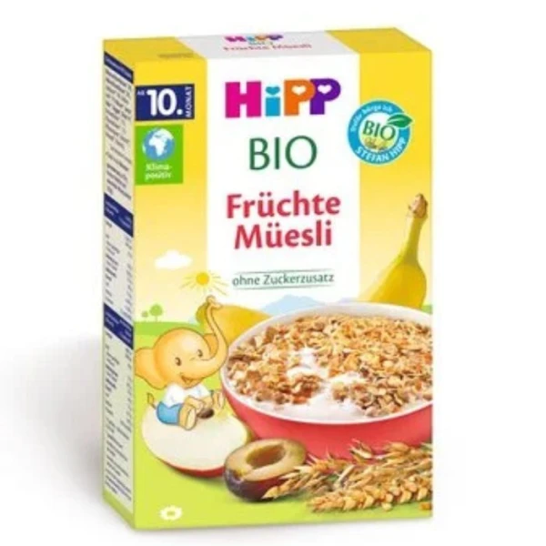 Hipp, wielozbożowe Musli Bio, banany, jabłka, śliwki, bez dodatku cukru, od 10 miesiąca, 200g