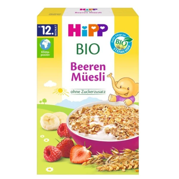 Hipp, wielozbożowe Musli Bio, truskawki, maliny, bez dodatku cukru, od 12 miesiąca, 200g