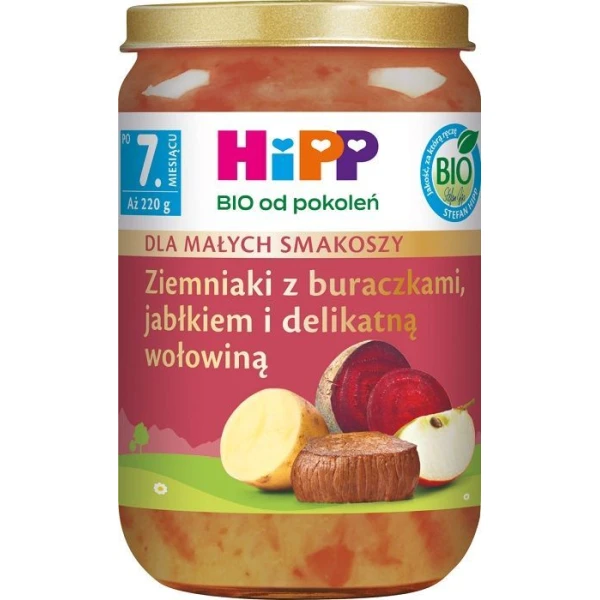 Hipp, ziemniaki z buraczkami, jabłkiem i delikatną wołowiną, Bio, po 7 miesiącu, 220g