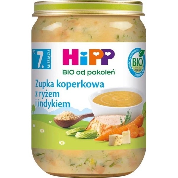 Hipp, zupka koperkowa z ryżem i indykiem, Bio, po 7 miesiącu, 190g