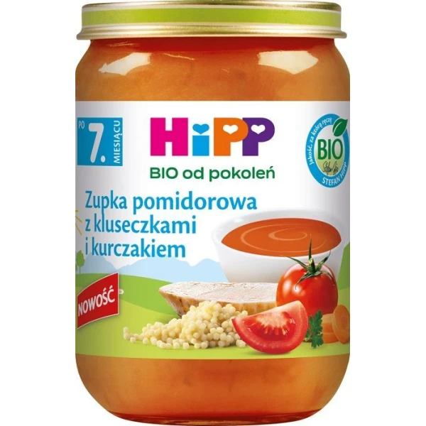 Hipp, zupka pomidorowa z kluseczkami i kurczakiem, Bio, po 7 miesiącu, 190g