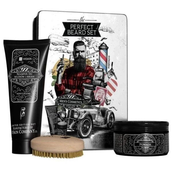 Hiskin Men Perfect Beard, pomada do włosów i brody, 100g + szampon do włosów i brody, 200ml + szczotka do brody