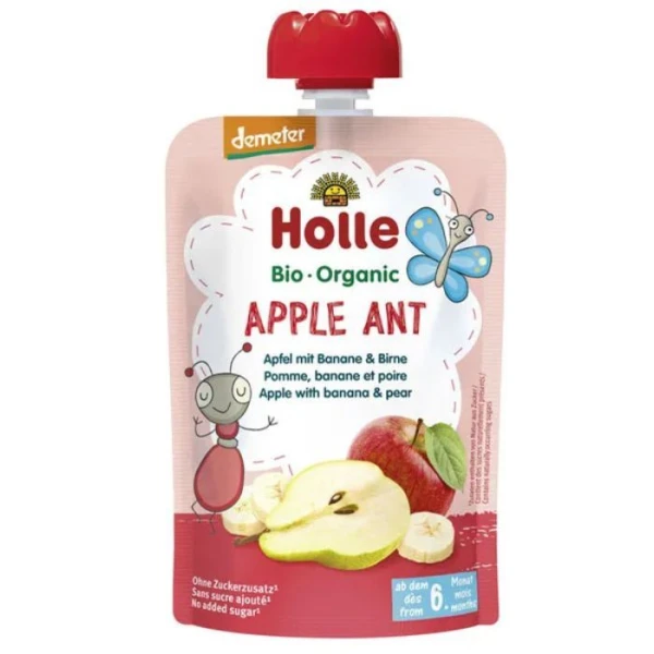 Holle, Apple Ant, mus owocowy w tubce, jabłko, banan, gruszka Bio, po 6 miesiącu, 100g