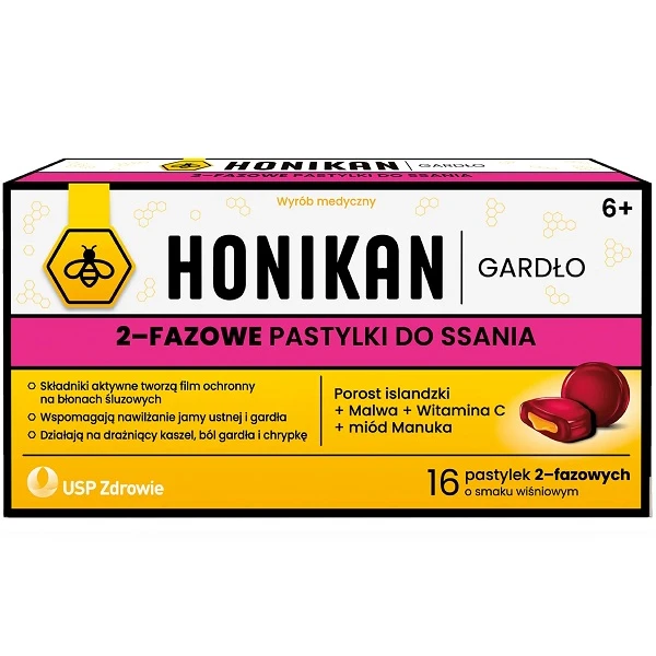 Honikan Gardło, 2-fazowe pastylki do ssania, dla dorosłych i dzieci po 6 roku życia, smak wiśniowy, 16 pastylek