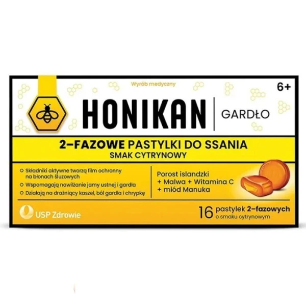 Honikan Gardło, 2-fazowe pastylki do ssania, dla dorosłych i dzieci po 6 roku życia, smak cytrynowy, 16 pastylek