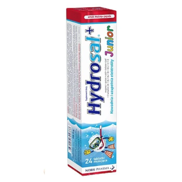 Hydrosal + Junior, elektrolity dla dzieci, smak malinowo-jagodowy, po 3 roku życia, 24 tabletki musujące