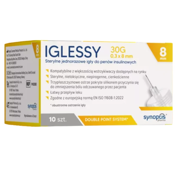 Iglessy, jednorazowe igły do penów insulinowych, 30G, 0,3 x 8mm, 10 sztuk