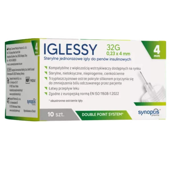 Iglessy, jednorazowe igły do penów insulinowych, 32G, 0,23 x 4mm, 10 sztuk