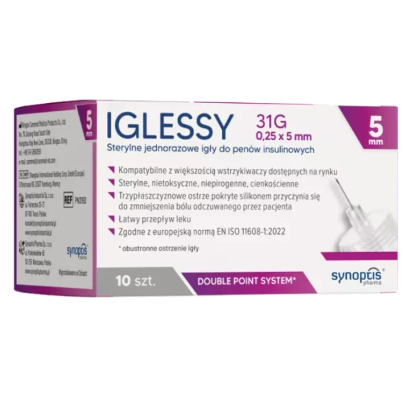 Iglessy, jednorazowe igły do penów insulinowych, 31G, 0,25 x 5mm, 10 sztuk