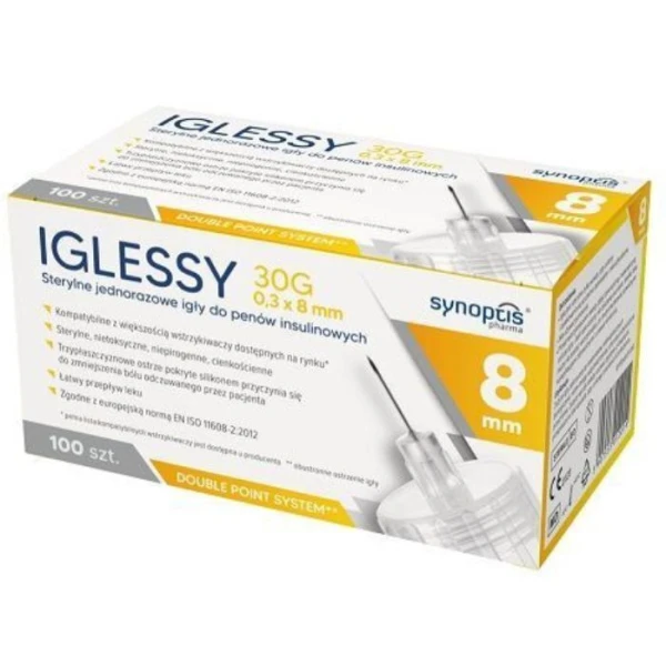 Iglessy, jednorazowe igły do penów insulinowych, 30G, 0,3 x 8mm, 100 sztuk