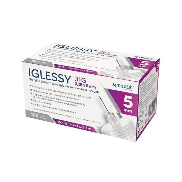 Iglessy, jednorazowe igły do penów insulinowych, 31G, 0,25 x 5mm, 100 sztuk