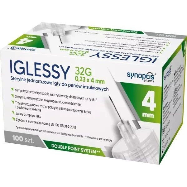 Iglessy, jednorazowe igły do penów insulinowych, 32G, 0,23 x 4mm, 100 sztuk
