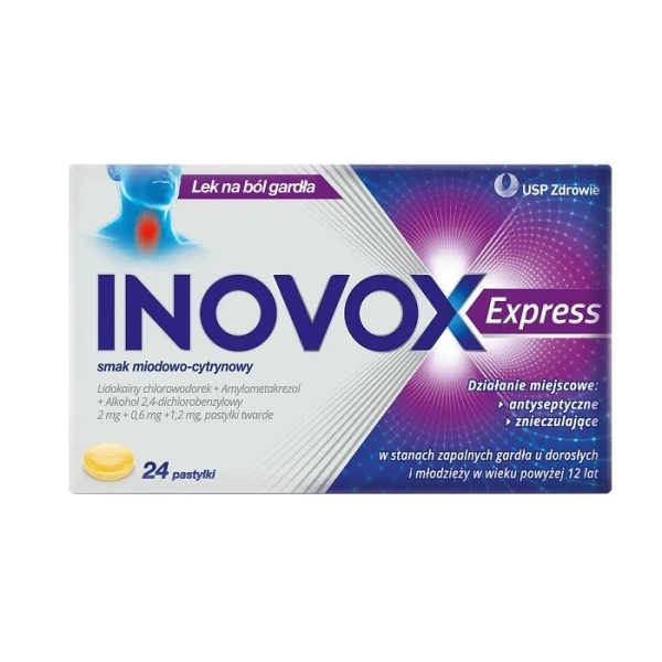 Inovox Express (2mg+0,6mg+1,2mg), smak miodowo-cytrynowy, 24 pastylki do ssania