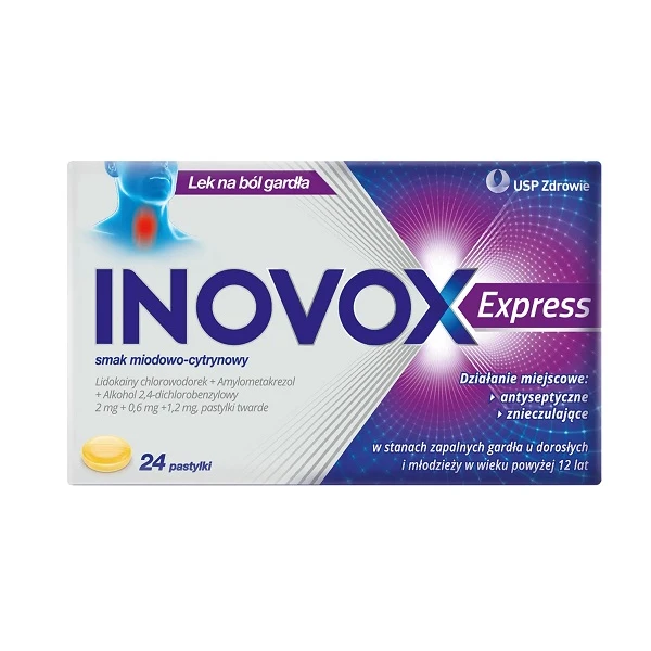 [DATA - 2026-12-31] Inovox Express (2mg+0,6mg+1,2mg), smak miodowo-cytrynowy, 24 pastylki do ssania