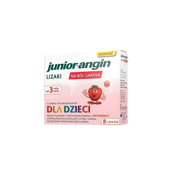 Junior-angin, lizaki na ból gardła, smak truskawkowy, dla dzieci od 3 roku życia, 8 lizaków