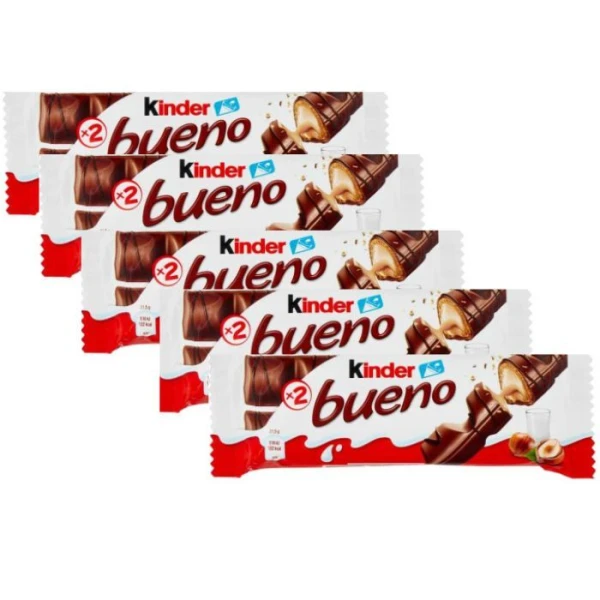 Kinder Bueno, batonik z nadzieniem orzechowym, oblany mleczną czekoladą, 5 x 43g