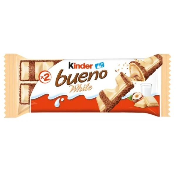 Kinder Bueno White,batonik z nadzieniem orzechowym, oblany białą czekoladą, 39g
