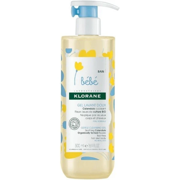Klorane Bebe, delikatny żel oczyszczający włosy i ciało, do skóry normalnej, od urodzenia, pompka, 500ml