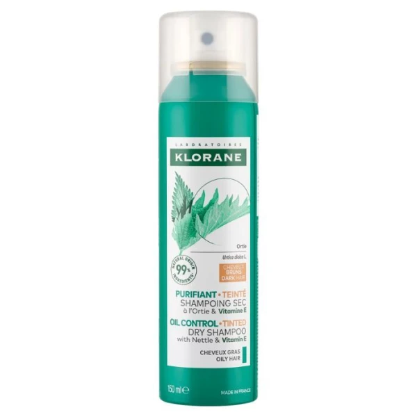 Klorane, seboregulujący szampon suchy z pigmentem, z pokrzywą i witaminą E, włosy ciemne, 150ml