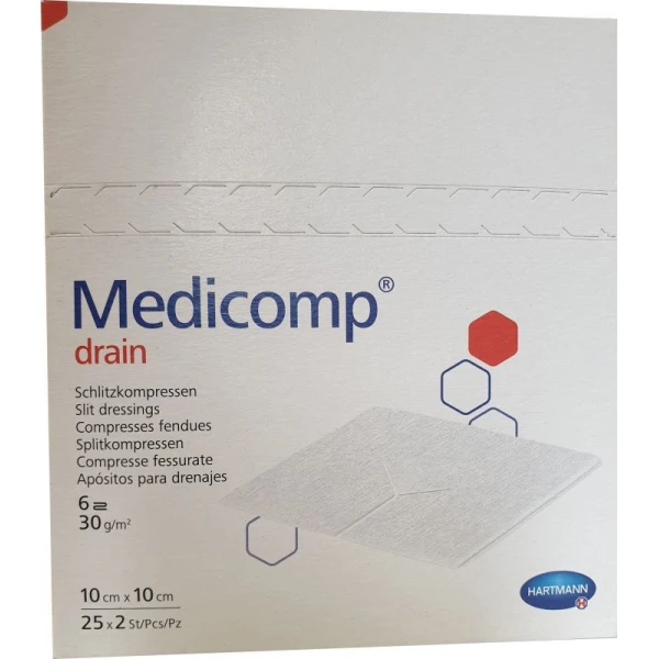 Kompresy włókninowe Medicomp Drain, jałowe, 10cmx10cm, 50 sztuk