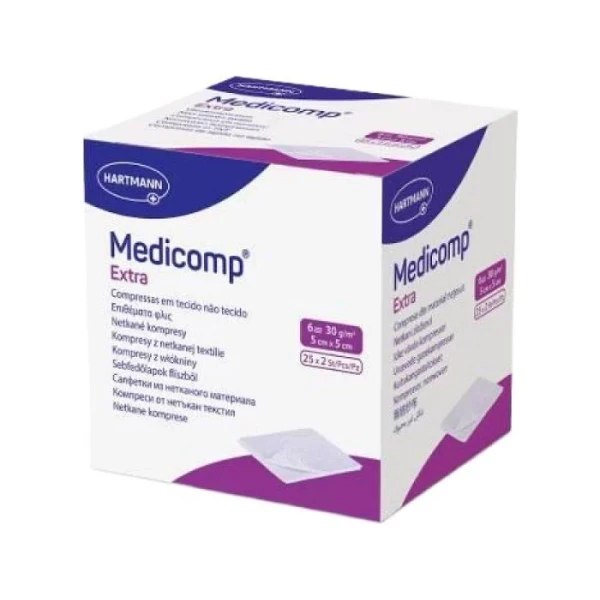 Kompresy włókninowe Medicomp Extra, jałowe, 6-warstwowe, 5cmx5cm, 50 sztuk