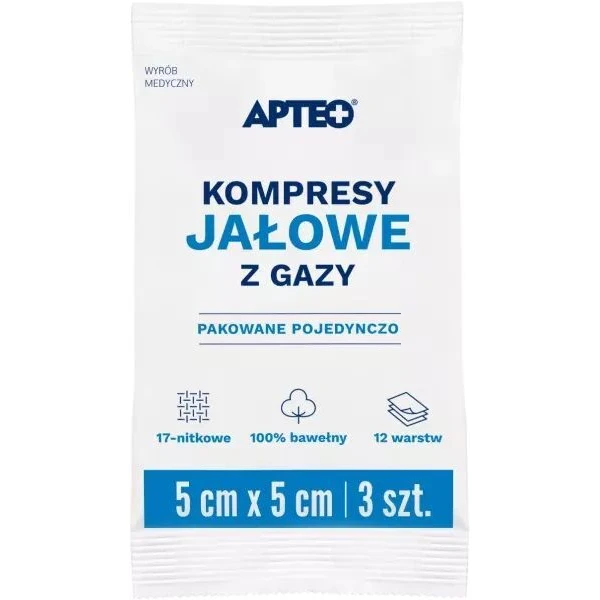 Kompresy z gazy bawełnianej Apteo, jałowe, 17-nitkowe, 12-warstwowe, 5cmx5cm, 3 sztuki
