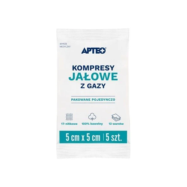 Kompresy z gazy bawełnianej Apteo, jałowe, 17-nitkowe, 12-warstwowe, 5cmx5cm, 5 sztuk