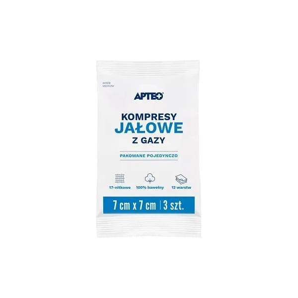 Kompresy z gazy bawełnianej Apteo, jałowe, 17-nitkowe, 12-warstwowe, 7cmx7cm, 3 sztuki