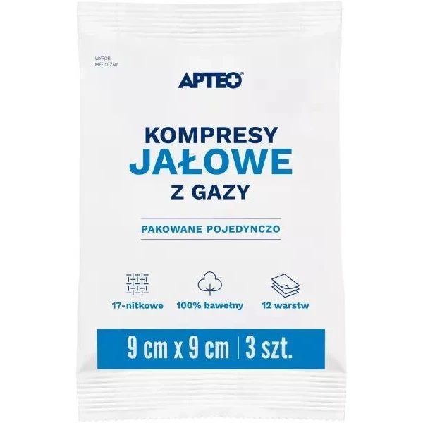 Kompresy z gazy bawełnianej Apteo, jałowe, 17-nitkowe, 12-warstwowe, 9cmx9cm, 3 sztuki