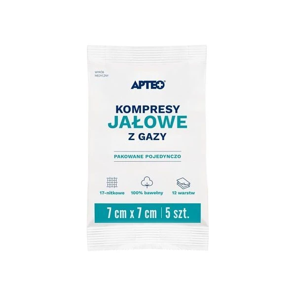 Kompresy z gazy bawełnianej Apteo, jałowe, 17-nitkowe, 12-warstwowe, 9cmx9cm, 5 sztuk