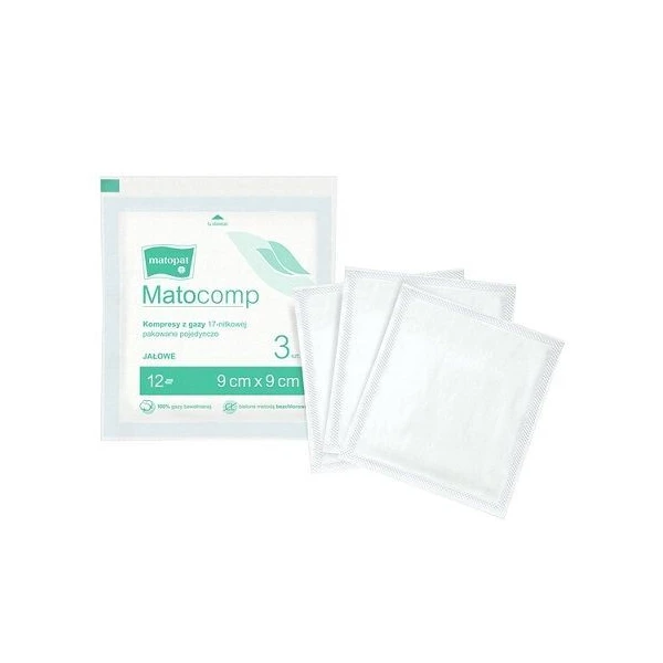 Kompresy z gazy bawełnianej Matocomp, jałowe, 17-nitkowe, 12-warstwowe, 9cmx9cm, 3 sztuki