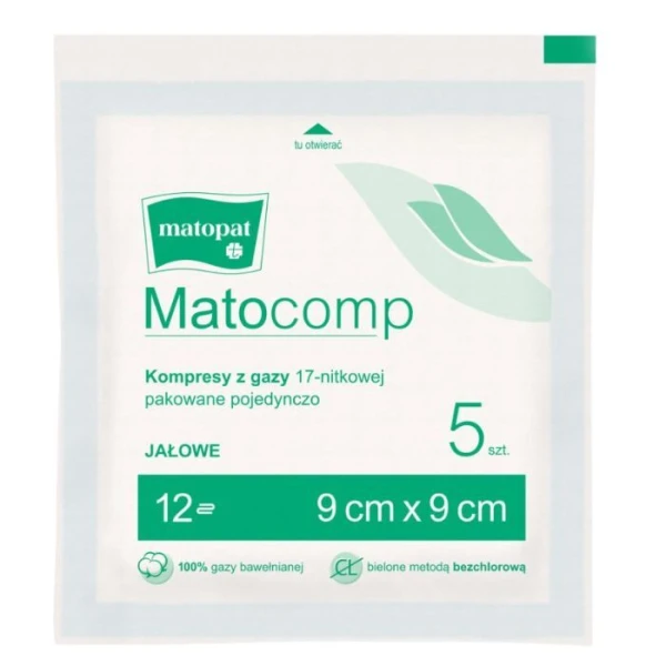 Kompresy z gazy bawełnianej Matocomp, jałowe, 17-nitkowe, 12-warstwowe, 9cmx9cm, 5 sztuk