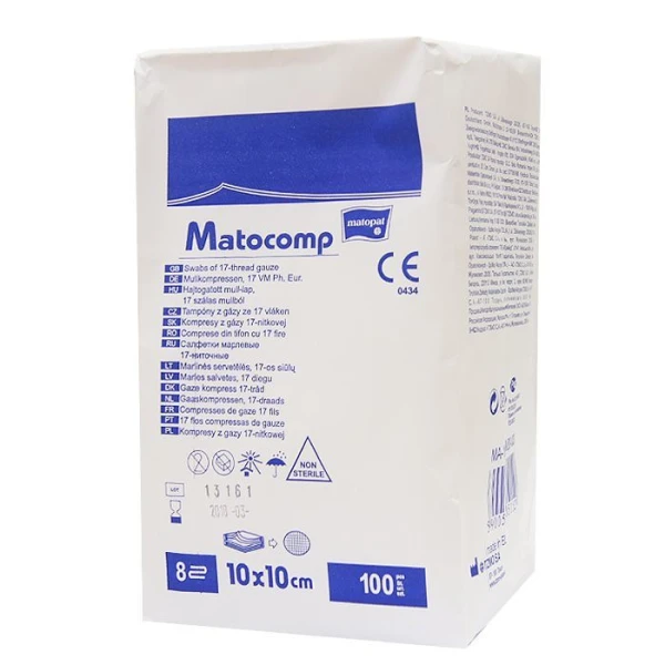 Kompresy z gazy bawełnianej Matocomp, niejałowe, 17-nitkowe, 8-warstwowe, 10cmx10cm, 100 sztuk