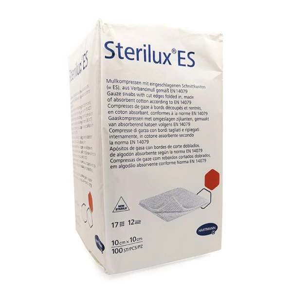 Kompresy z gazy bawełnianej Sterilux ES, niejałowe, 17 nitkowe, 12-warstwowe, 10cmx10cm, 100 sztuk