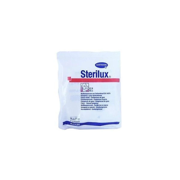 Kompresy z gazy bawełnianej Sterilux, jałowe, 17 nitkowe, 12-warstwowe, 10cmx10cm, 3 sztuki
