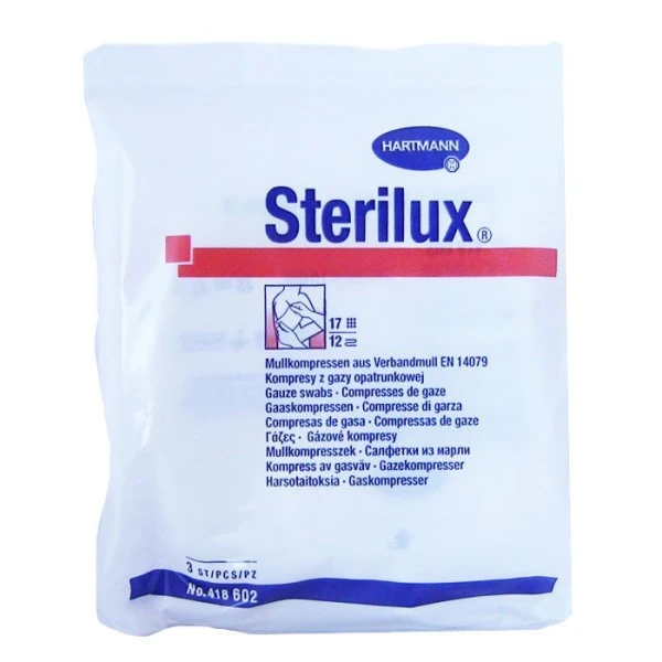 Kompresy z gazy bawełnianej Sterilux, jałowe, 17 nitkowe, 12-warstwowe, 5cmx5cm, 3 sztuki