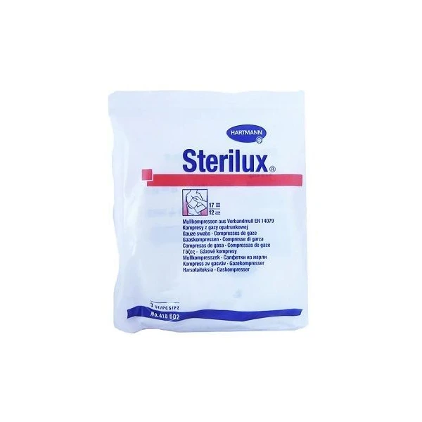 Kompresy z gazy bawełnianej Sterilux, jałowe, 17 nitkowe, 12-warstwowe, 7,5cmx7,5cm, 3 sztuki
