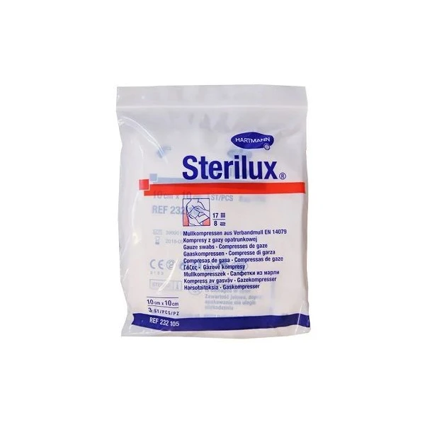 Kompresy z gazy bawełnianej Sterilux, jałowe, 17 nitkowe, 8-warstwowe, 10cmx10cm, 3 sztuki