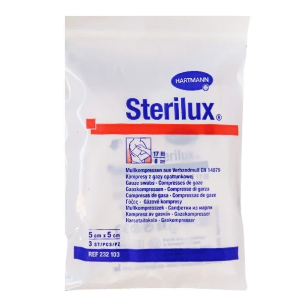 Kompresy z gazy bawełnianej Sterilux, jałowe, 17 nitkowe, 8-warstwowe, 5cmx5cm, 3 sztuki