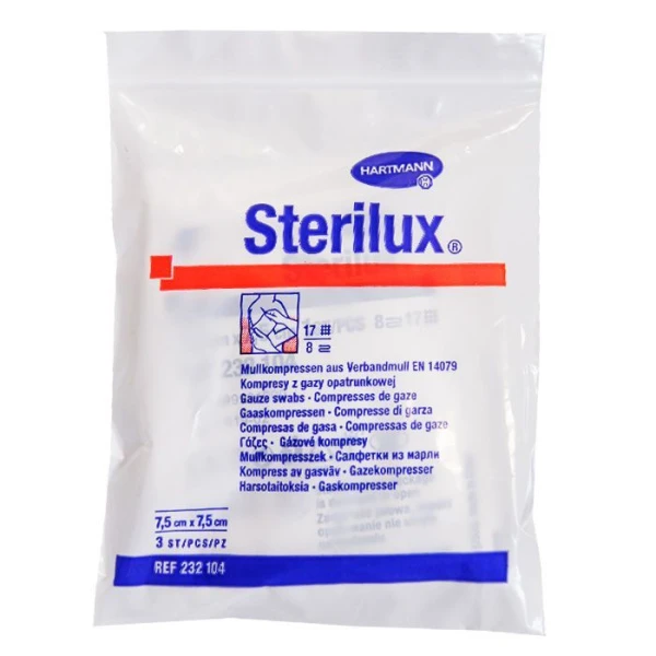 Kompresy z gazy bawełnianej Sterilux, jałowe, 17 nitkowe, 8-warstwowe, 7,5cmx7,5cm, 3 sztuki