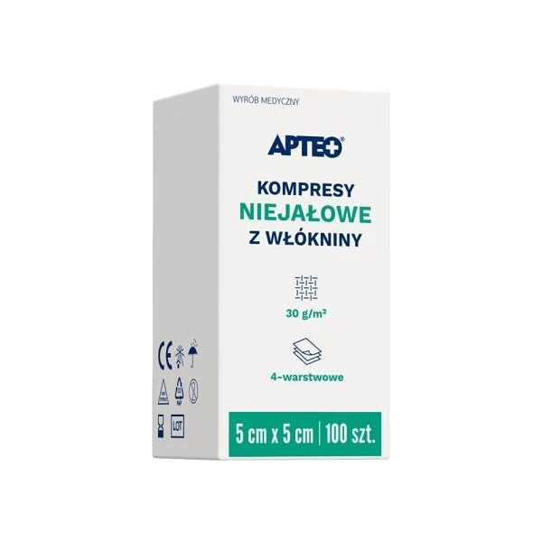 Kompresy z włókniny Apteo, niejałowe, 4-warstwowe, 5cmx5cm, 100 sztuk