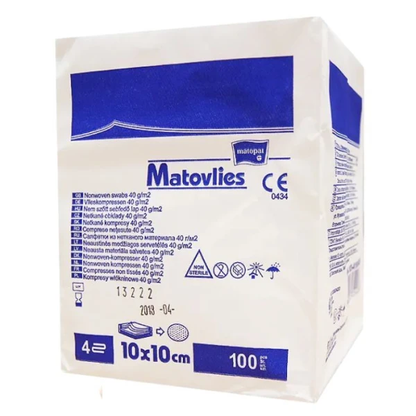 Kompresy z włókniny Matovlies, niejałowe, włókninowe, 4-warstwowe, 40g/m2, 10cm x 10cm, 100 sztuk