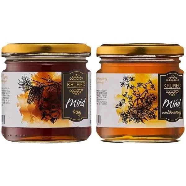 Krupiec, zestaw dwóch miodów, miód leśny, 220g + miód wielokwiatowy, 220g